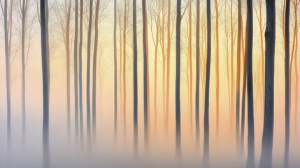 Obraz premium Ethereal light patterns dancing through misty forest, creating an enchanting atmosphere with soft hues and gentle shadows.