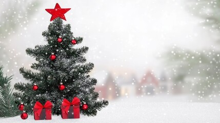 Obraz premium A festive Christmas tree adorned with ornaments and gifts in a snowy setting.
