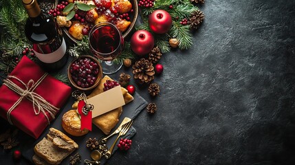 Dining discounts on Black Friday Top view vertical photo of dish displays, a sale price tag, elegant gold silverware, a crimson napkin with a ring, a wine bottle, and a glass on a black marble table