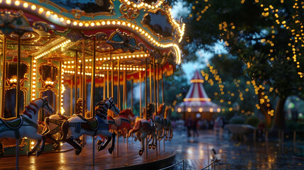 This beautifully restored vintage carousel, alive with vibrant colors and illuminated by twinkling lights, evokes nostalgia as dusk envelops the quiet park.