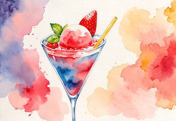 a watercolor painting of a cocktail with a straw and a straw