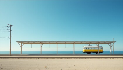 A serene coastal train station featuring a vintage yellow tram under a minimalist shelter, set against a tranquil sea and sky. Perfect for travel, nostalgia, and landscape themes.
