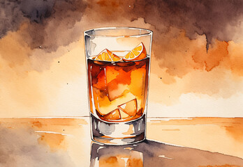 a glass of whiskey with a slice of orange