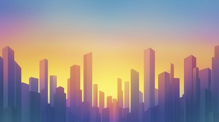 Obraz premium Lush gradient layers of sunset over urban skyline, rich oranges and purples reflecting off glass buildings, creating a serene atmosphere.