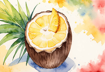 a painting of a coconut with a slice of lemon