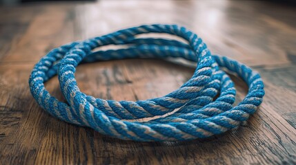 Obraz premium Wound Blue and White Rope on Rustic Wood Surface Close Up Shot