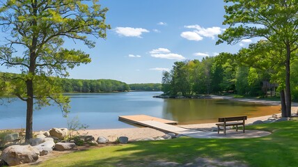 A photo of a serene summer scene with clear blue skies, fluffy white clouds, and a calm lake with a few boats. The lake is surrounded by lush green trees and grass. The ground is covered with vibrant 