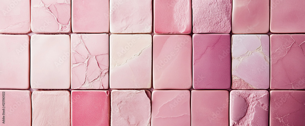 Poster Close-up of pink glossy ceramic tiles arranged in a grid with varying textures, creating a modern and aesthetic wall design, showcasing smooth and marbled patterns for interior decoration.