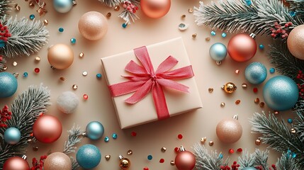 New Year spirit A handmade present, colorful balls, mistletoe, frosted fir twigs, a jingle bell, and confetti create a festive collage on a pastel beige backdrop, customizable for your holiday message