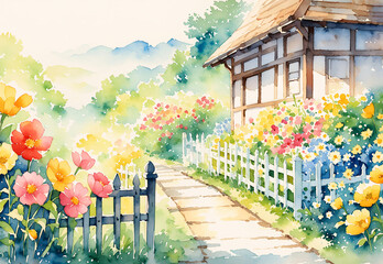 a painting of a house with flowers in the front