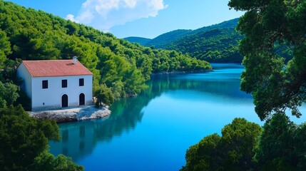 Fototapeta premium Lakeside House in Green Hills - Serene landscape photo of a white house by a stunning blue lake surrounded by lush green hills. Perfect for travel, nature, and real estate.
