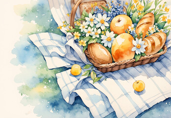 a basket of fruit and flowers on a blanket