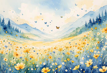 a painting of a field of flowers and a butterfly