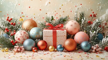 New Year spirit A handmade present, colorful balls, mistletoe, frosted fir twigs, a jingle bell, and confetti create a festive collage on a pastel beige backdrop, customizable for your holiday message