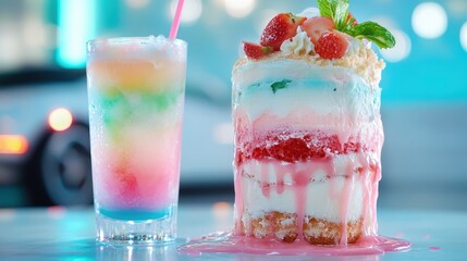 A stunning arrangement of colorful ice cream layered in a cake surrounded by a refreshing rainbow drink, perfectly showcasing creativity and happiness in dessert form.
