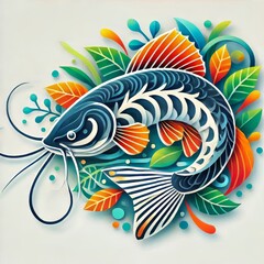Stylized Catfish Illustration with Paper Art Aesthetic and Vibrant Flora
