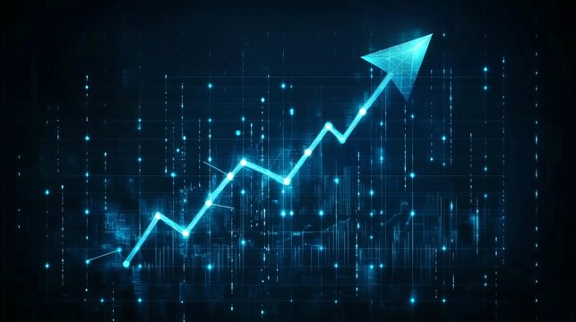 Turquoise Upward Trending Line Graph on Dark Blue Background, Financial Market Growth Concept