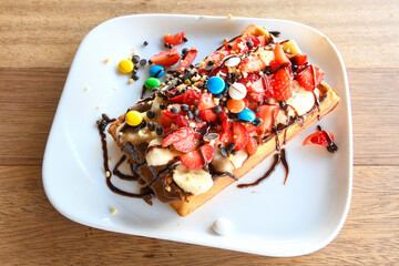 Homemade Belgium Waffles with Blueberries and Almonds. Classic , double bubble waffle. Kulah waffle.