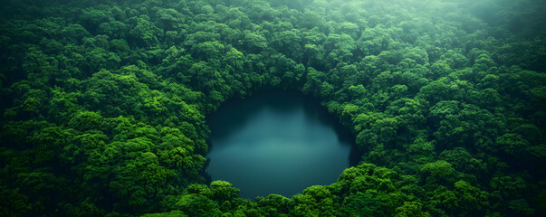 Jungle lake aerial hidden oasis, misty forest