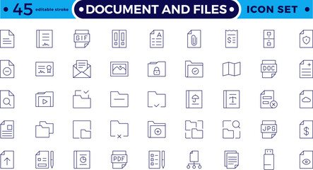 Document outline icon set. Documents symbol collection. Different document icons. Set of file and document Icons. Simple line art style icons pack. Editable stroke outline icon. 
