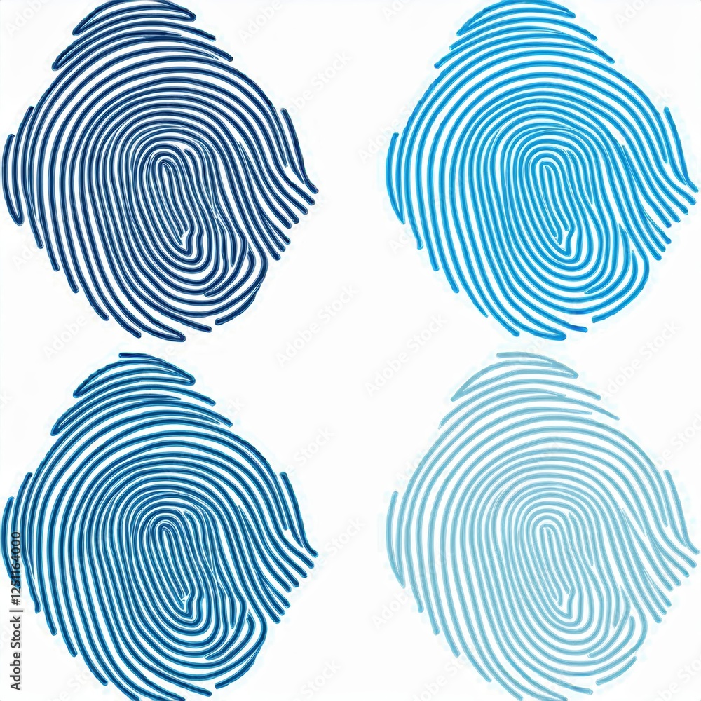 Poster fingerprint logo design featuring four distinctive patterns in varying shades of blue showcasing int