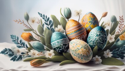 Hand painted firefly Easter menu showcasing colorful patterns on eggs amid simple floral arrangements on a minimalist background