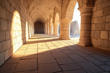 Sunlit Stone Archway Corridor - Sunlight streams through a stone archway corridor, illuminating the ancient architecture.  Warm, inviting atmosphere.