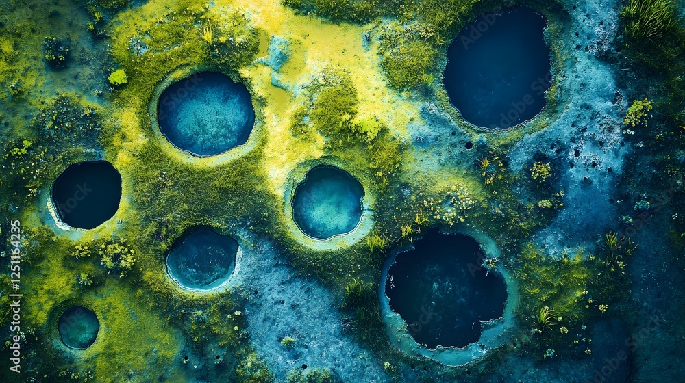 Poster colorful abstract texture with circular patterns, vibrant hues of blue and yellow creating a lively 