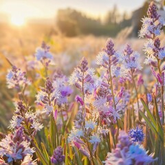 Bright depiction of firefly orchids blooming in a vibrant field at sunset, showcasing intricate details and lively colors