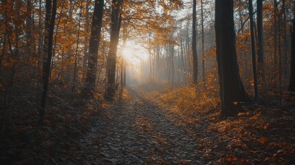 Obraz premium Autumnal Forest Path Sunlit Trees