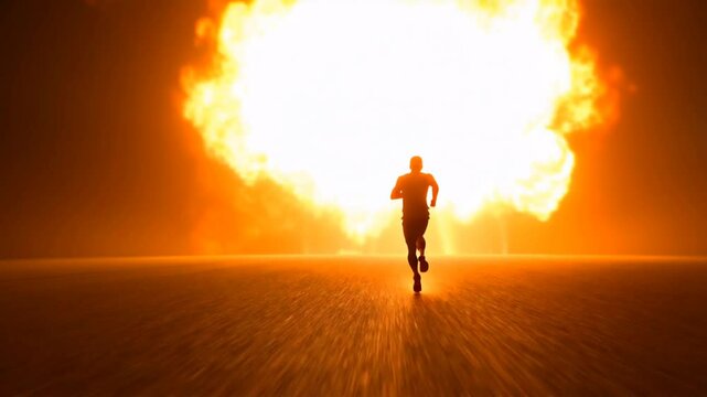 Silhouette of person running toward glowing fiery explosion with dynamic energy trails. Action and power concept  
