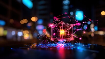 Glowing data cube on device, city night