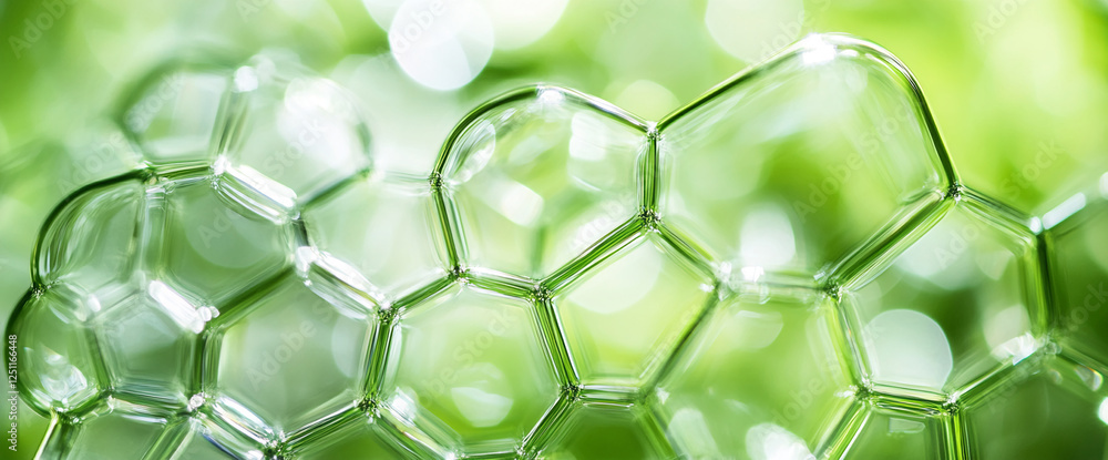 Poster close-up of soap bubbles floating against a blurred green background, showcasing a clean and fresh c