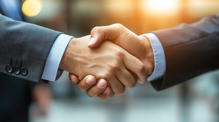 A professional partnerships handshaking after their achieving success together.

