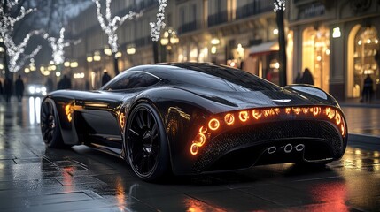 A sleek, black sports car races down a futuristic city street at night,
