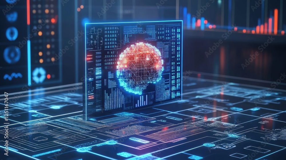 Poster d representation of a futuristic data warehouse with ai-powered insights.