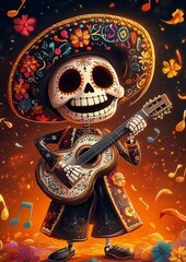 Cartoon skeleton with guitar dressed as traditional Mexican mariachi. Illustration for Dia de los muertos, Halloween