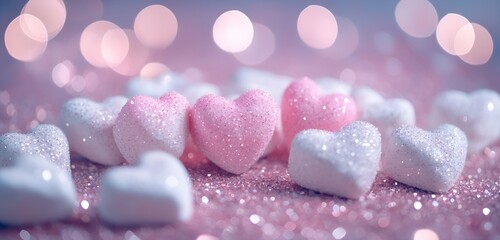 HD shot of fluffy marshmallow hearts in pink and white, surrounded by sparkling glitter, romantic and magical ambiance