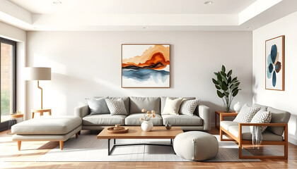 A stylish living room showcasing a modern sofa, abstract wall art, and cozy furnishings. The blend of neutral tones and natural elements creates a warm atmosphere, watercolor. with white shades