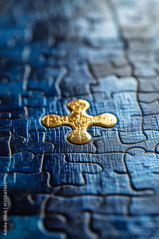 Poster Close-up of a golden puzzle piece placed in the center of a blue puzzle, symbolizing completion, uniqueness, and the key element in a larger concept or solution.