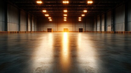 An empty warehouse illuminated by ambient lighting creates a tranquil perspective, showcasing sleek floors and vast space ideal for various industrial applications.