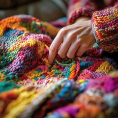 Handcrafting colorful patterns in a cozy living room on a winter afternoon