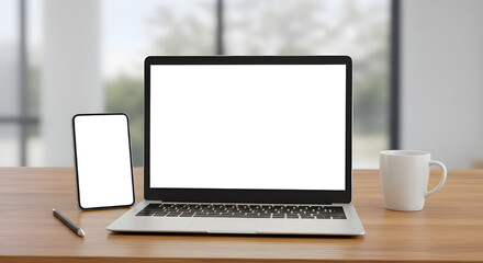 Fototapeta premium Modern Workspace with Digital Devices - Laptop and Smartphone