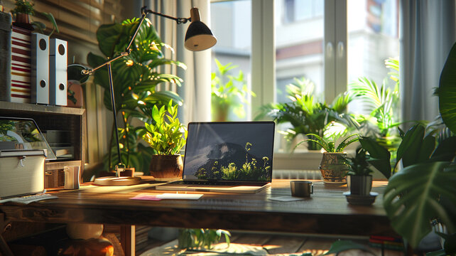 Small home office setup with a laptop, plants, and natural light, promoting focus and comfort for remote work.