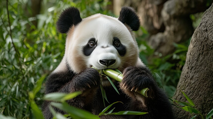 Obraz premium Adorable giant panda chewing on fresh bamboo, surrounded by lush green forest