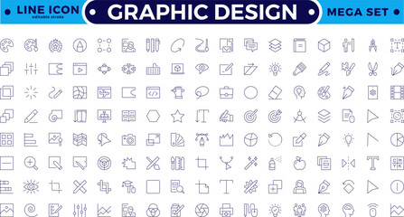 Set of outline icons of graphic design. Simple linear icons in a modern style flat, Creative Process. Graphic design, creative package, stationary, software. Editable stroke outline icon.