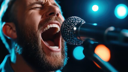 A passionate singer delivers an energetic performance, conveying raw emotions through powerful singing, enhanced by vibrant stage lights setting a dynamic atmosphere.