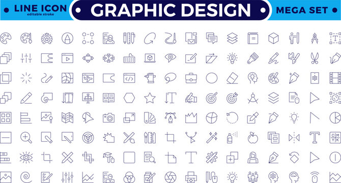 Set of outline icons of graphic design. Simple linear icons in a modern style flat, Creative Process. Graphic design, creative package, stationary, software. Editable stroke outline icon.