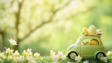 Easter eggs car spring garden celebration card