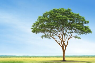 Fototapeta premium Lone Tree in Sunny Savanna - A single tree stands tall in a vast savanna under a bright blue sky, symbolizing resilience, solitude, hope, nature's beauty, and peaceful serenity.